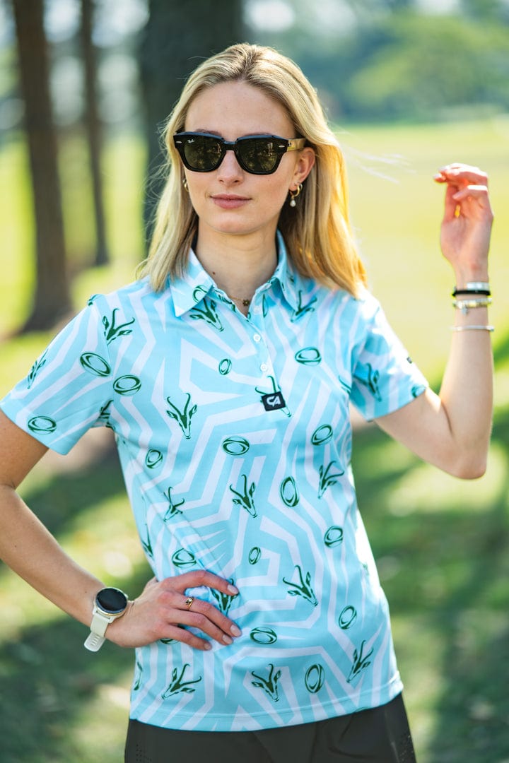 CA Ladies Funky Golf Shirt Supporters Turquoise White Custom