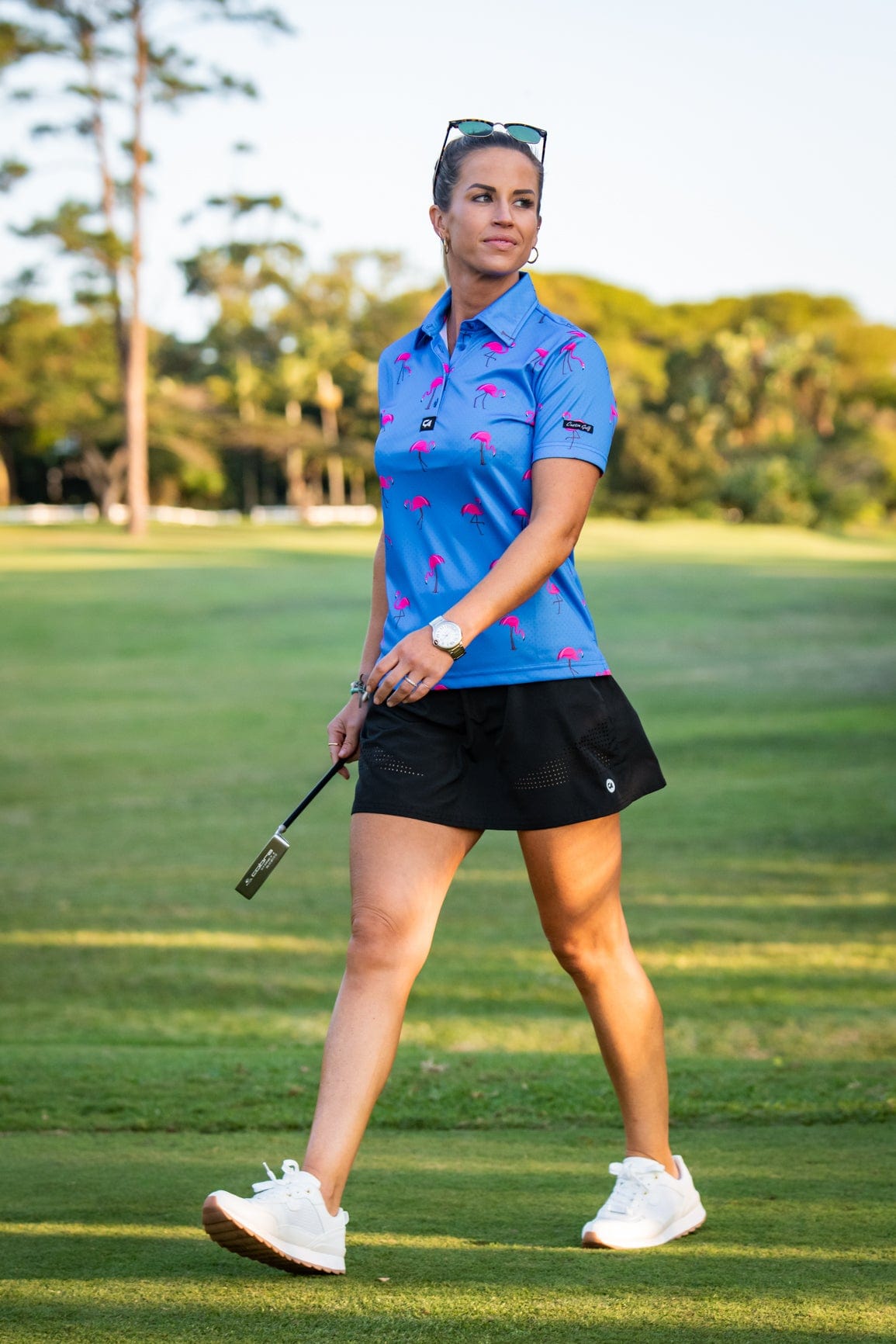 CA Ladies Funky Golf Shirt | Blue-Dotted Flamingo