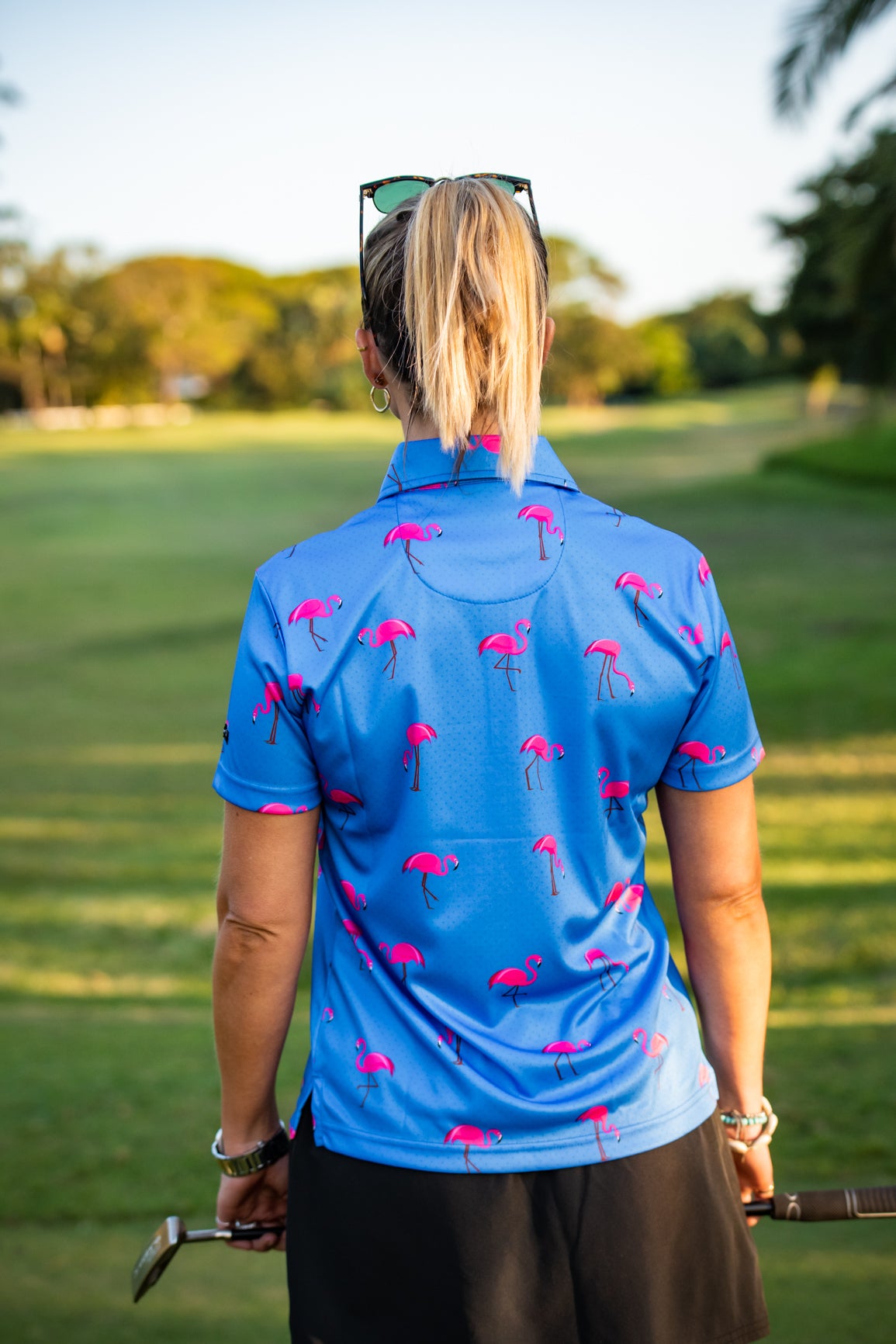 CA Ladies Funky Golf Shirt | Blue-Dotted Flamingo