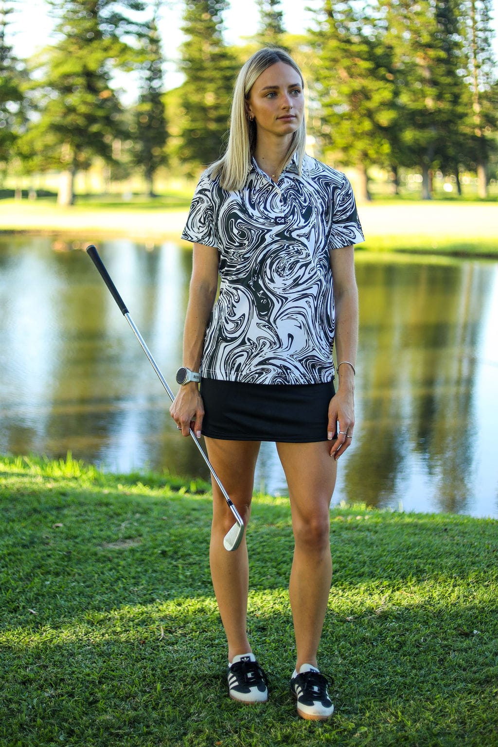 CA Ladies Funky Golf Shirt | Black Twirl