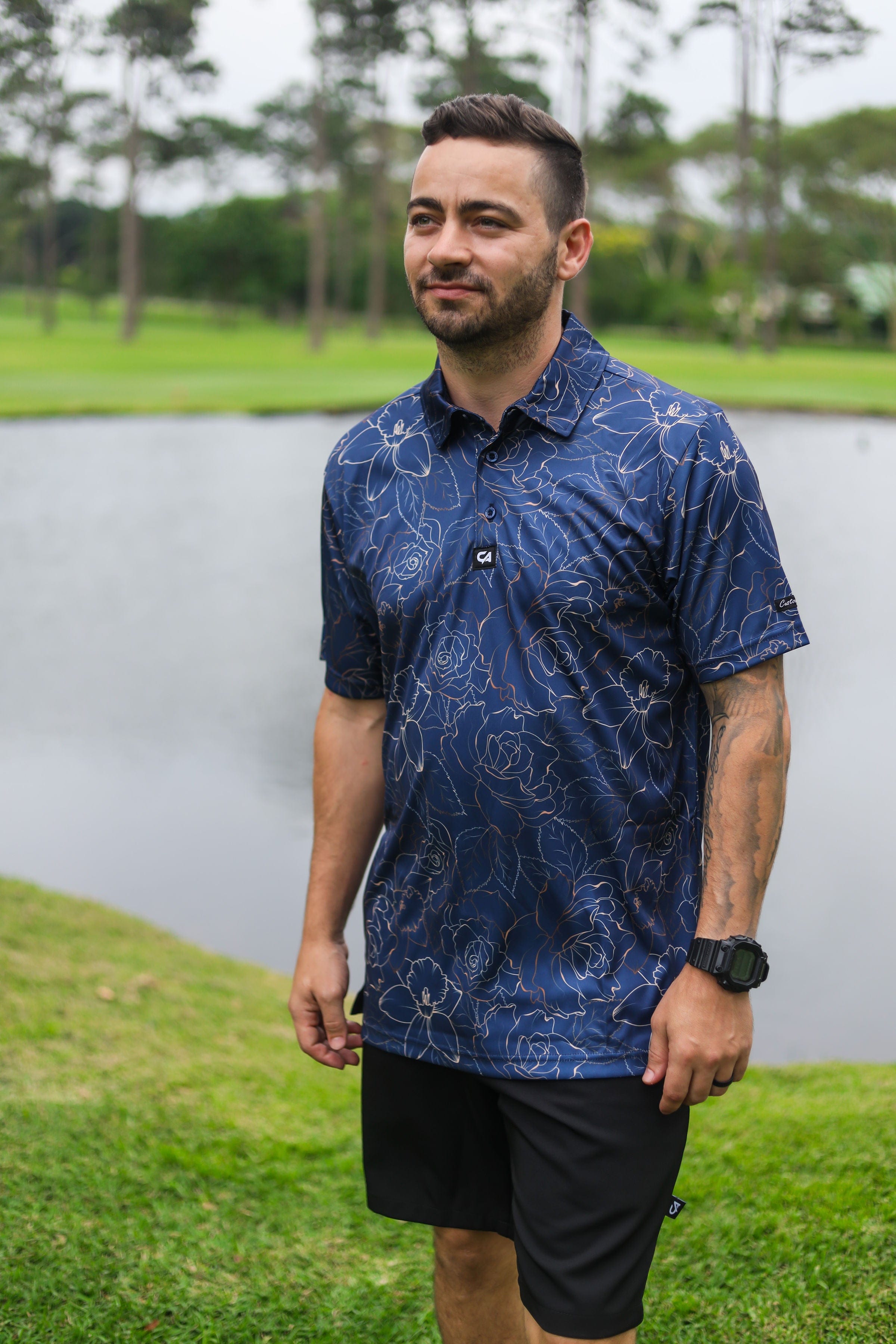 CA Funky Golf Shirt | Navy Gold Roses
