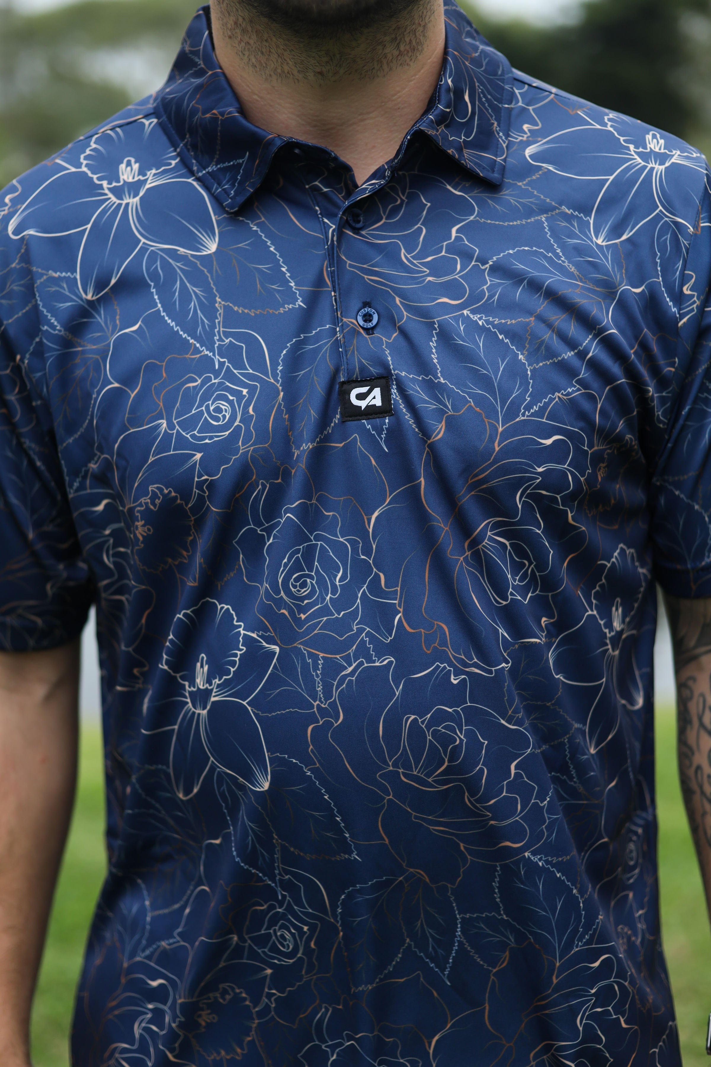 CA Funky Golf Shirt | Navy Gold Roses