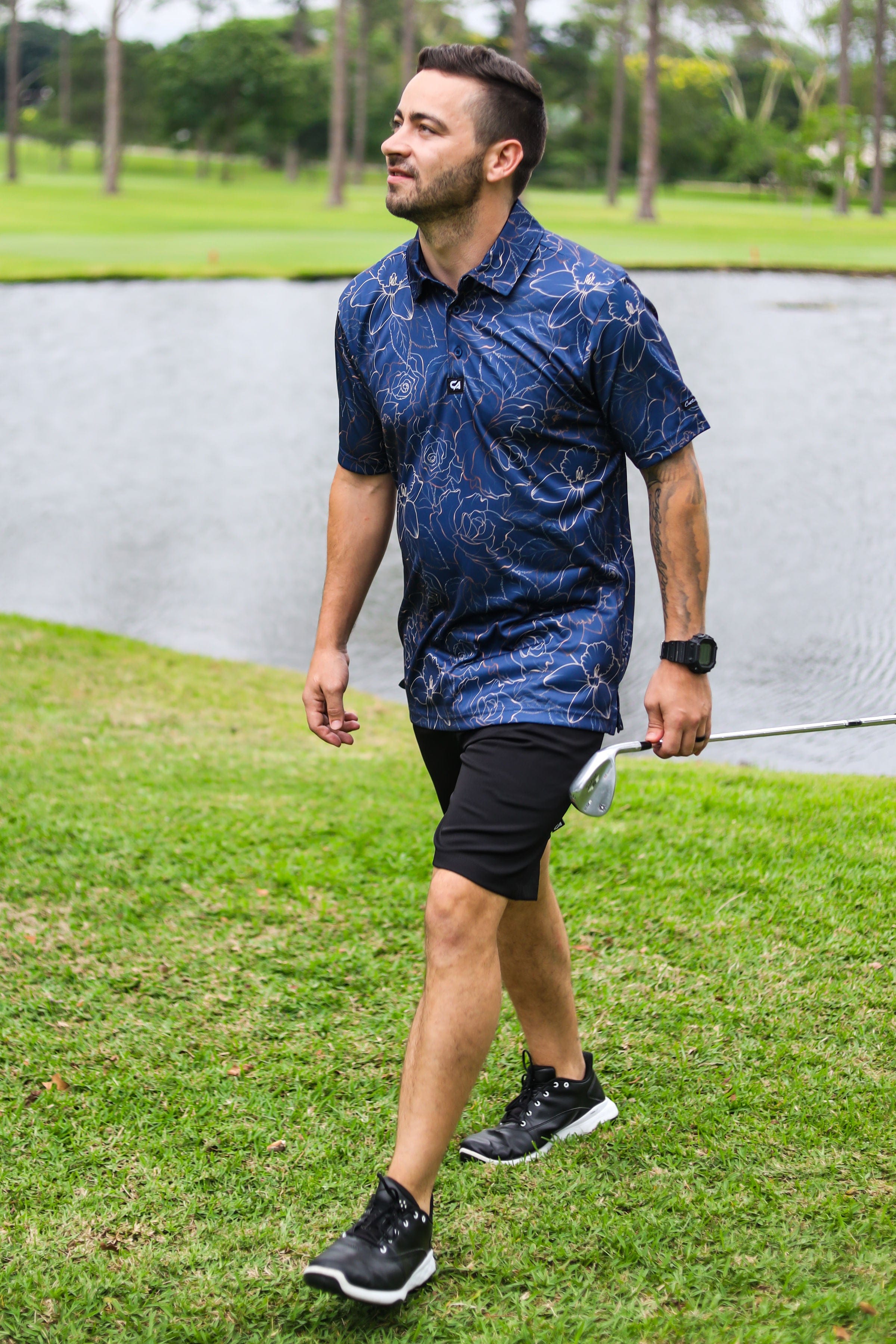 CA Funky Golf Shirt | Navy Gold Roses