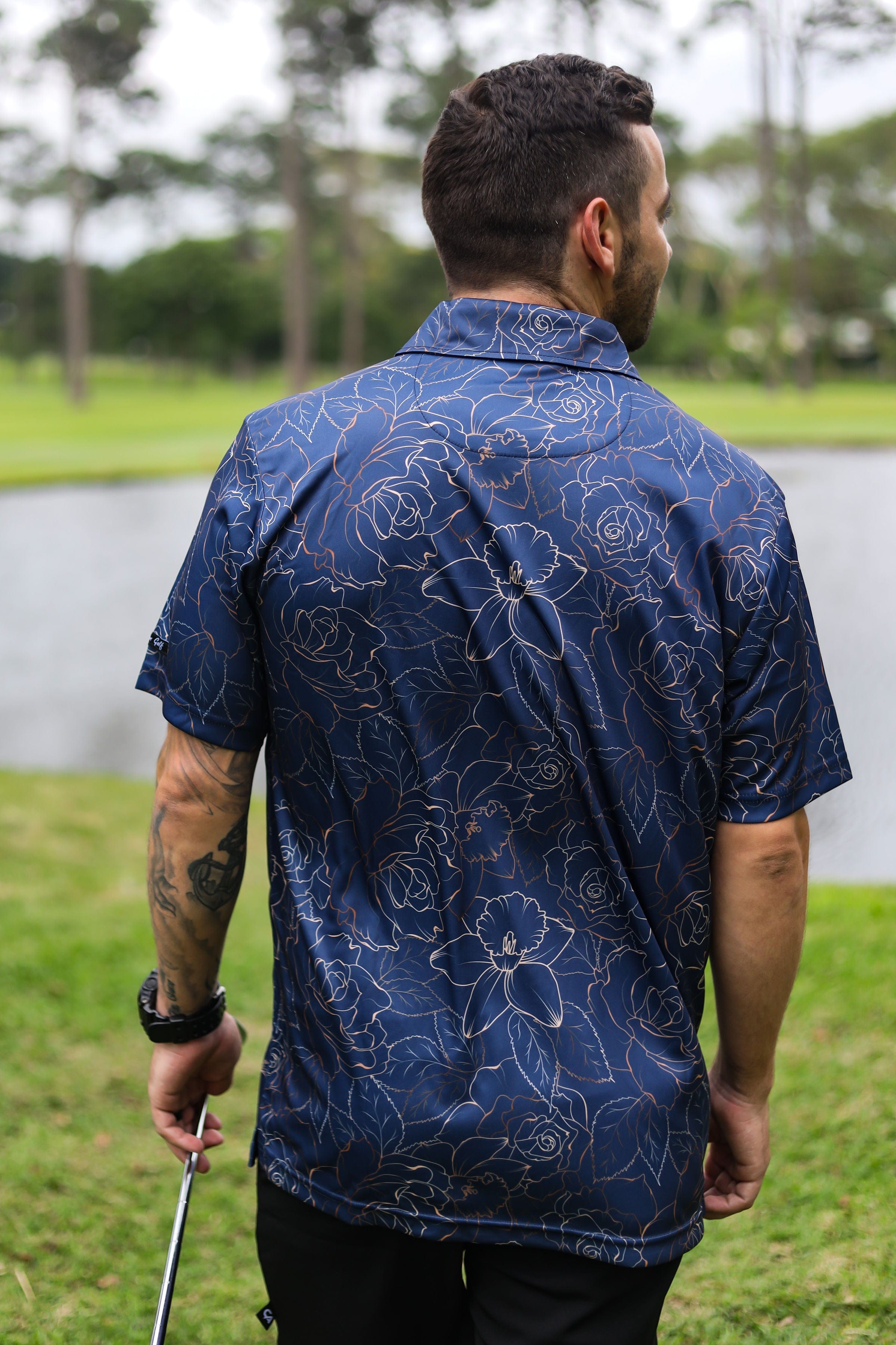 CA Funky Golf Shirt | Navy Gold Roses
