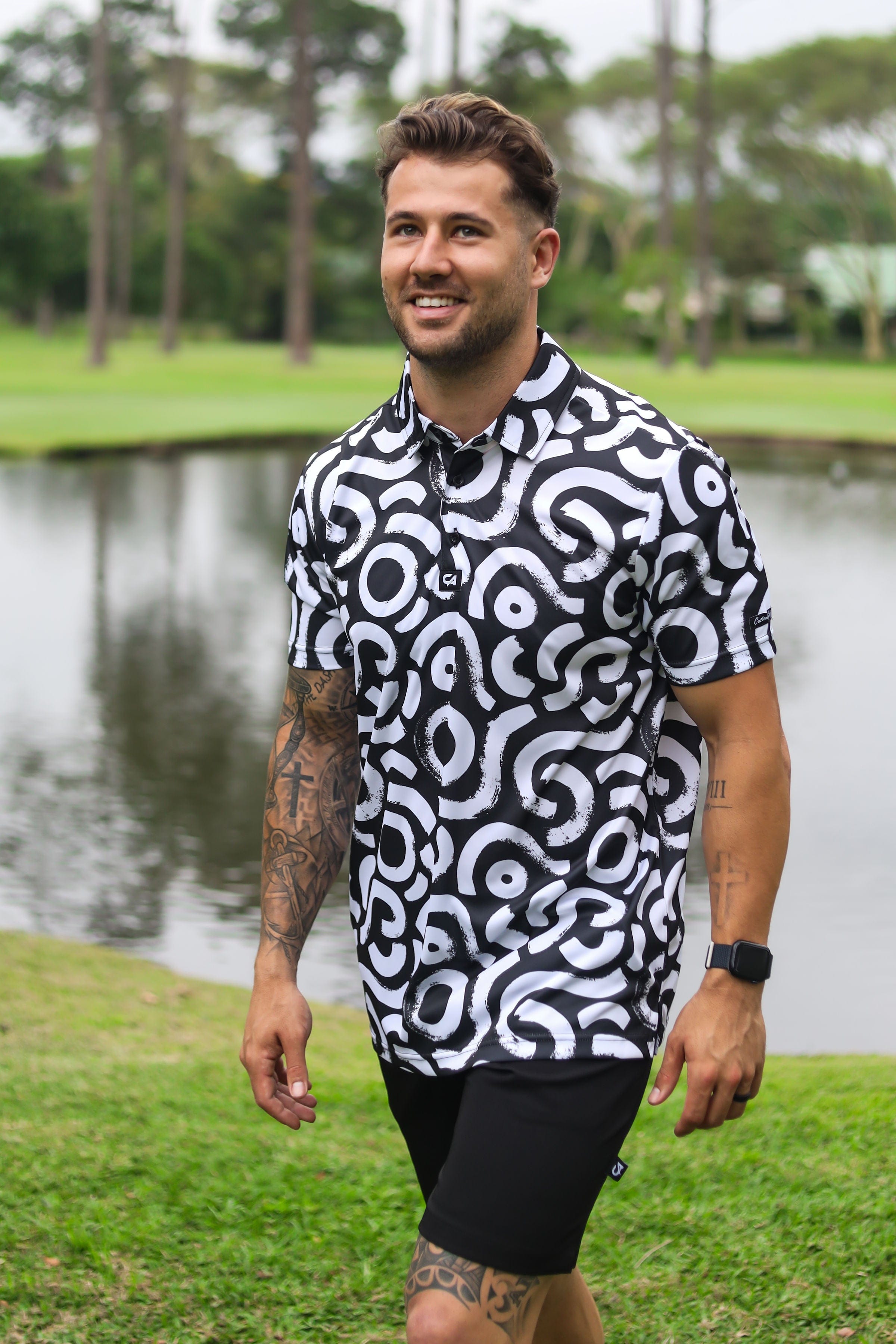 CA Funky Golf Shirt | White & Black Squiggles