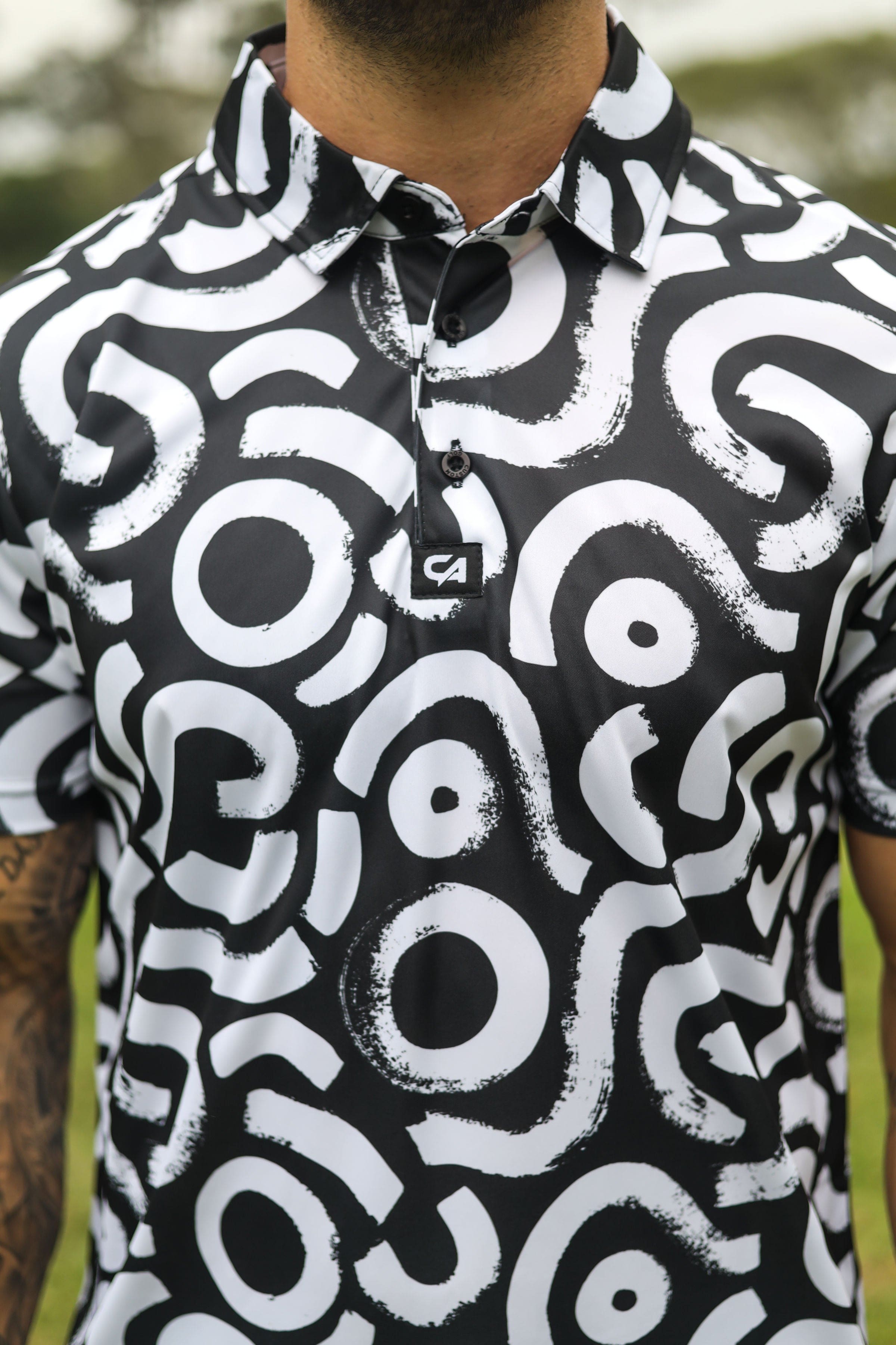 CA Funky Golf Shirt | White & Black Squiggles