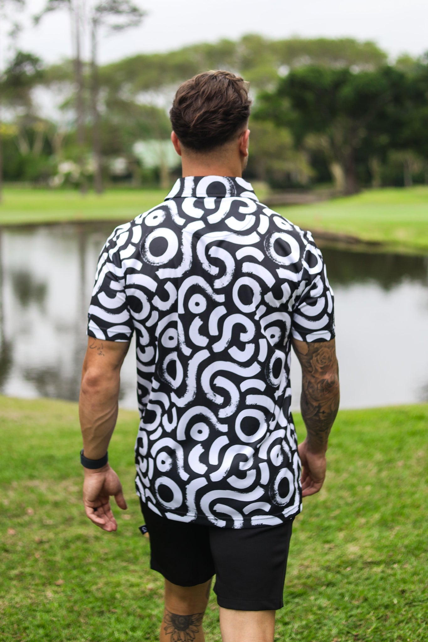 CA Funky Golf Shirt | White & Black Squiggles