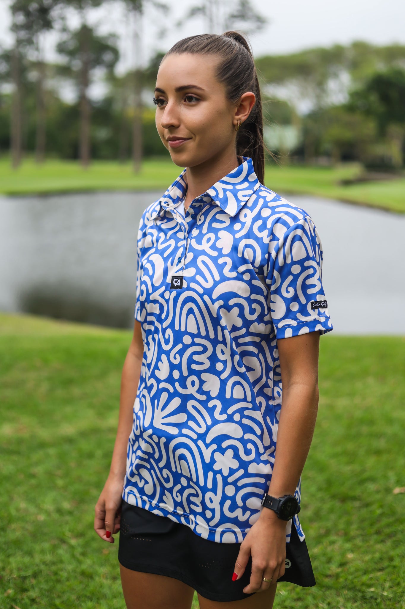 CA Ladies Funky Golf Shirt | Blue & Beige Squiggles