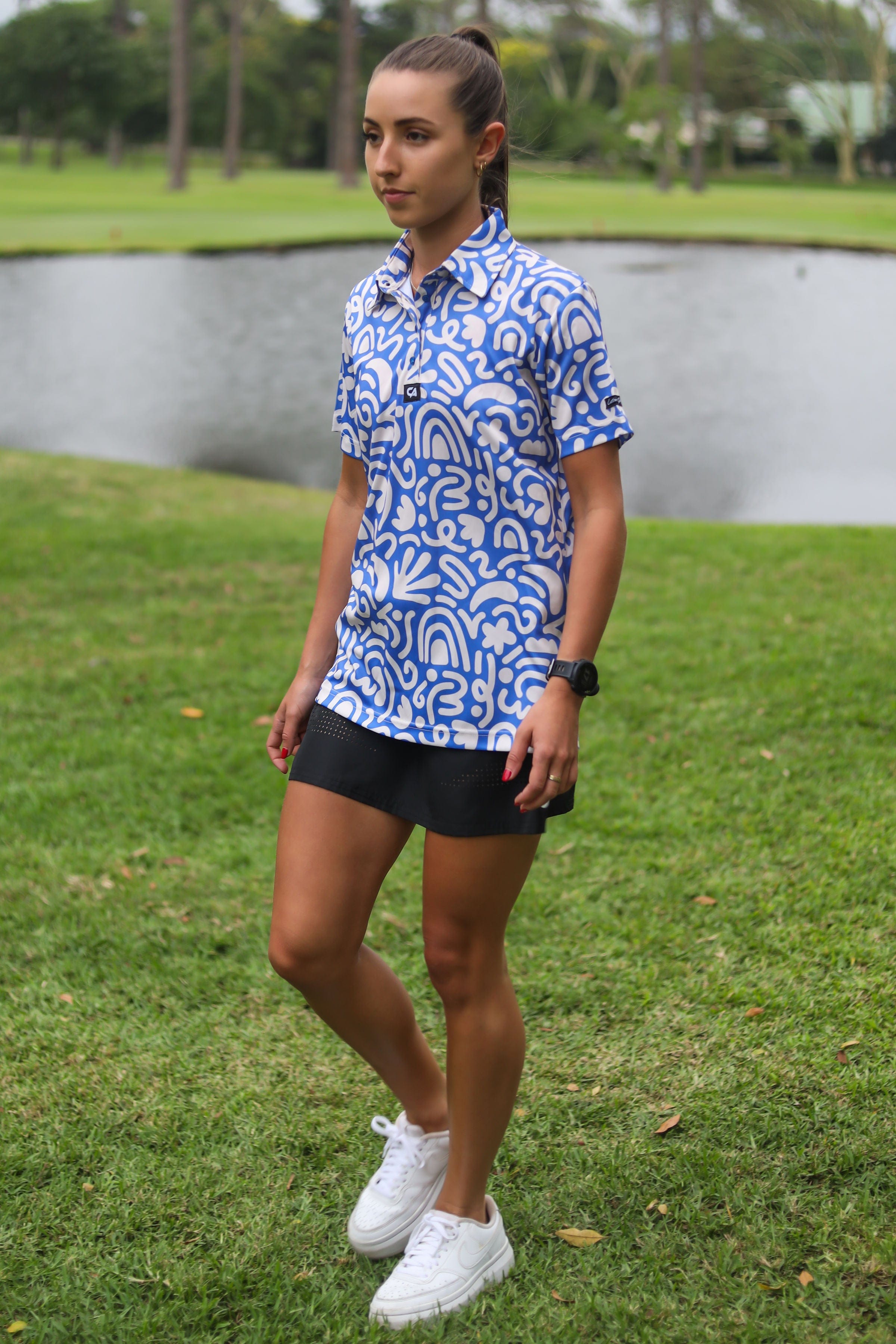 CA Ladies Funky Golf Shirt | Blue & Beige Squiggles