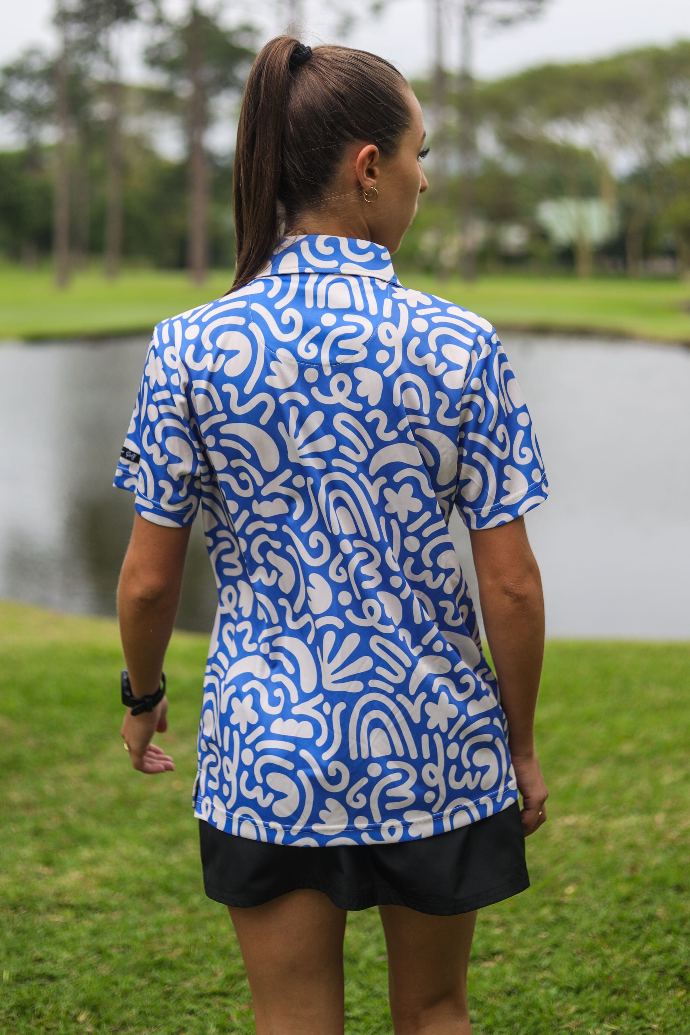 CA Ladies Funky Golf Shirt | Blue & Beige Squiggles