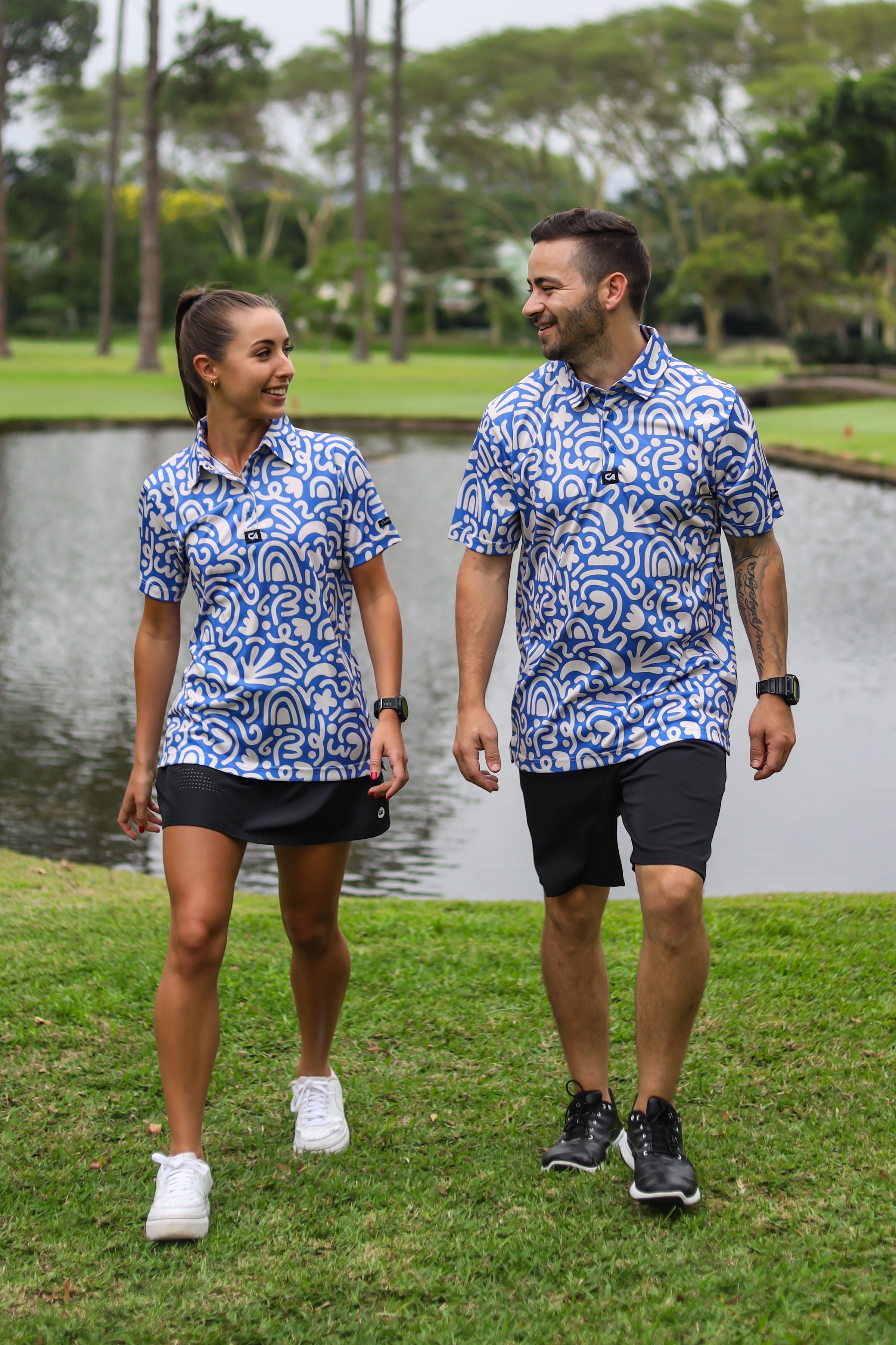 CA Funky Golf Shirt | Blue & Beige Squiggles