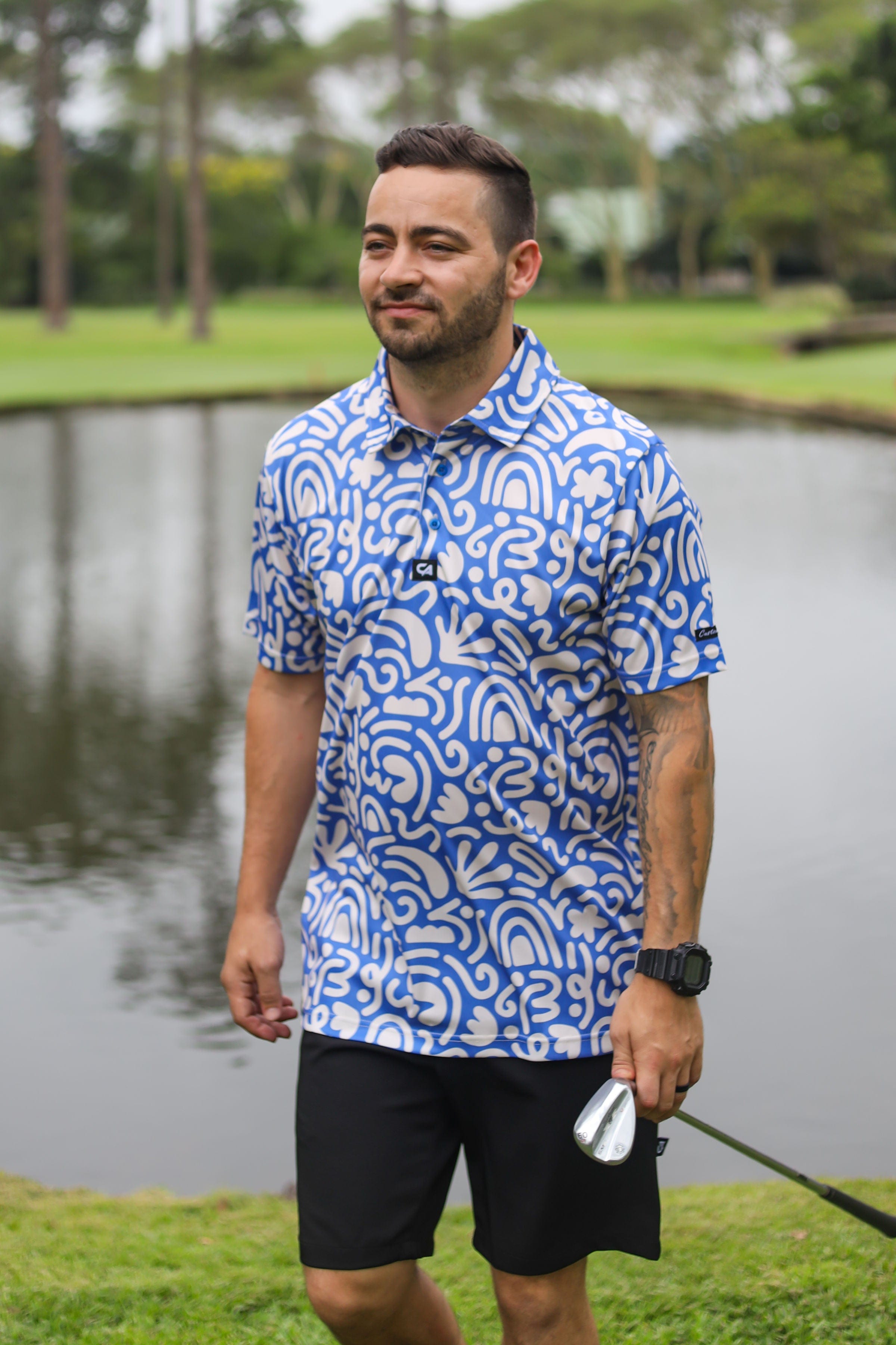 CA Funky Golf Shirt | Blue & Beige Squiggles