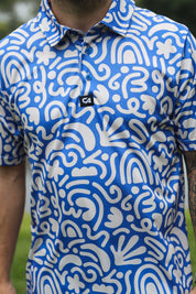 CA Funky Golf Shirt | Blue & Beige Squiggles