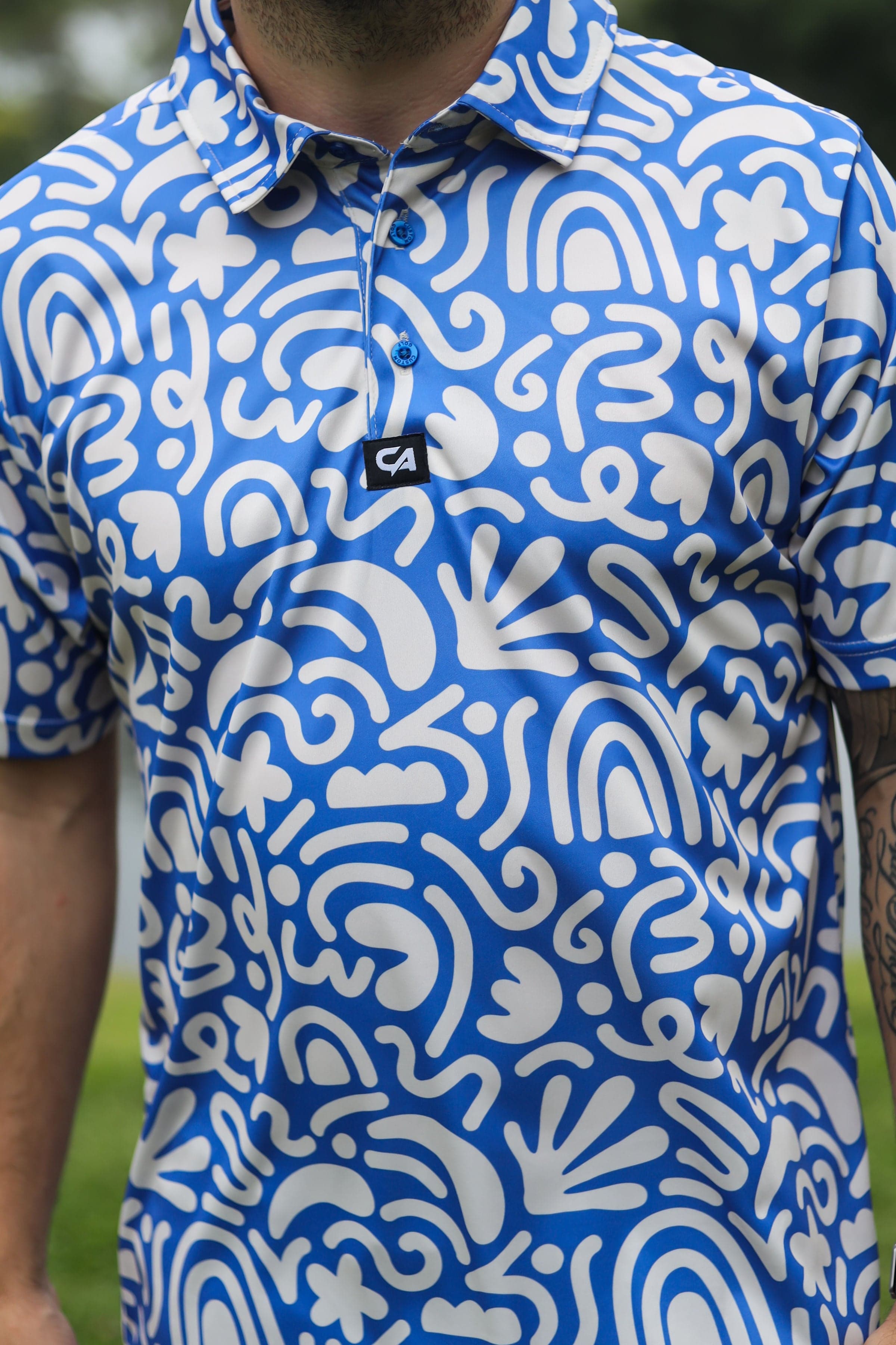 CA Funky Golf Shirt | Blue & Beige Squiggles