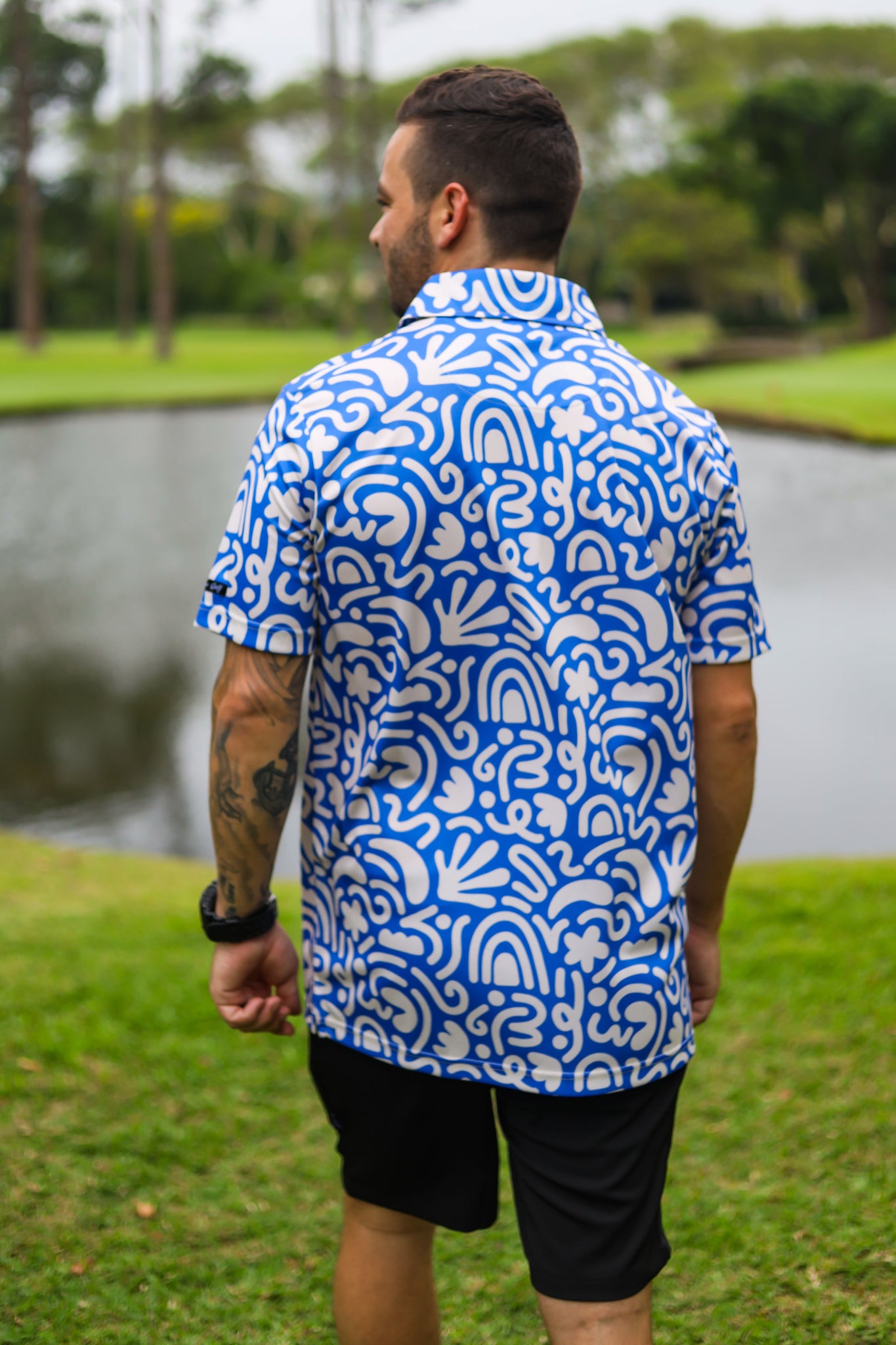 CA Funky Golf Shirt | Blue & Beige Squiggles