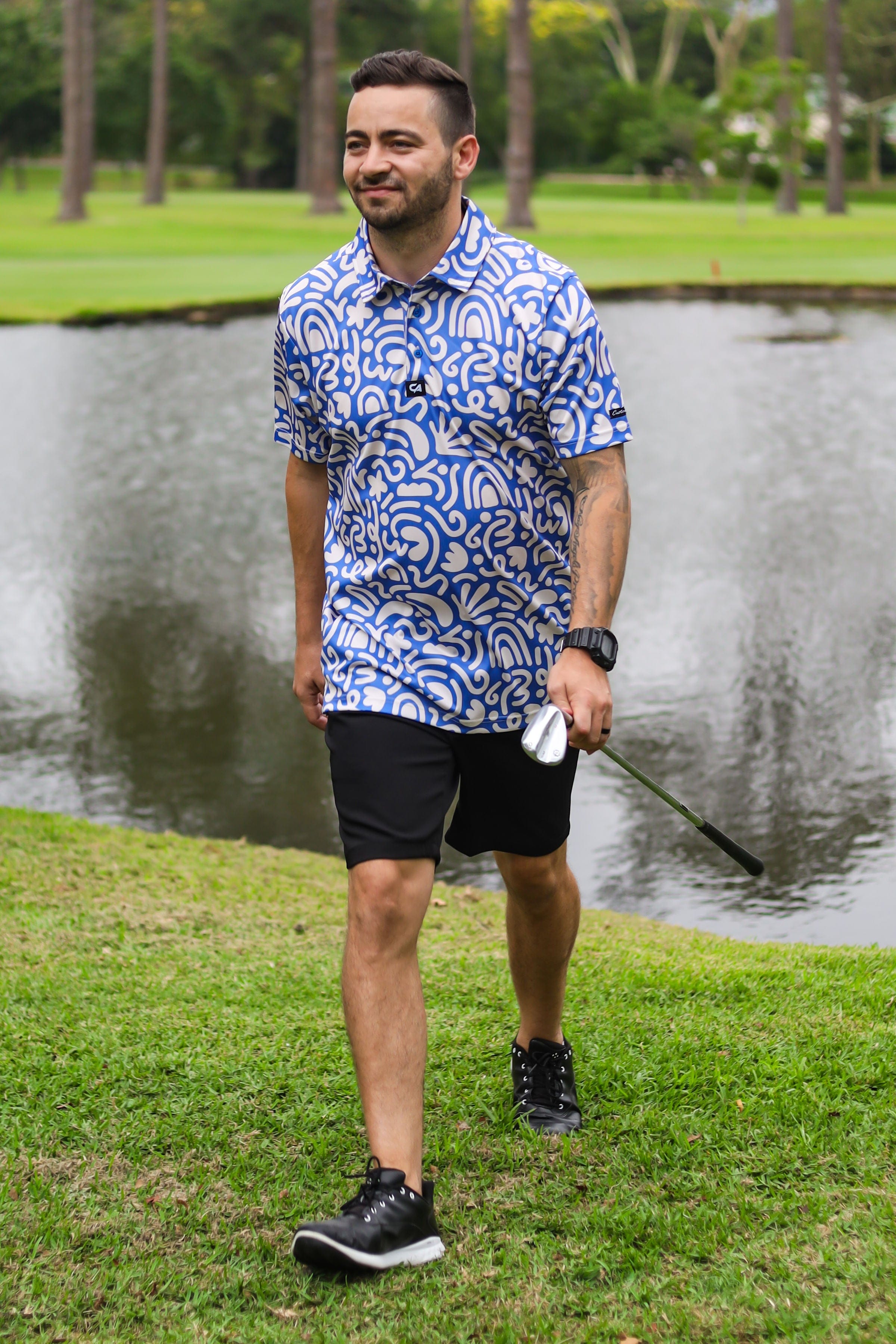 CA Funky Golf Shirt | Blue & Beige Squiggles