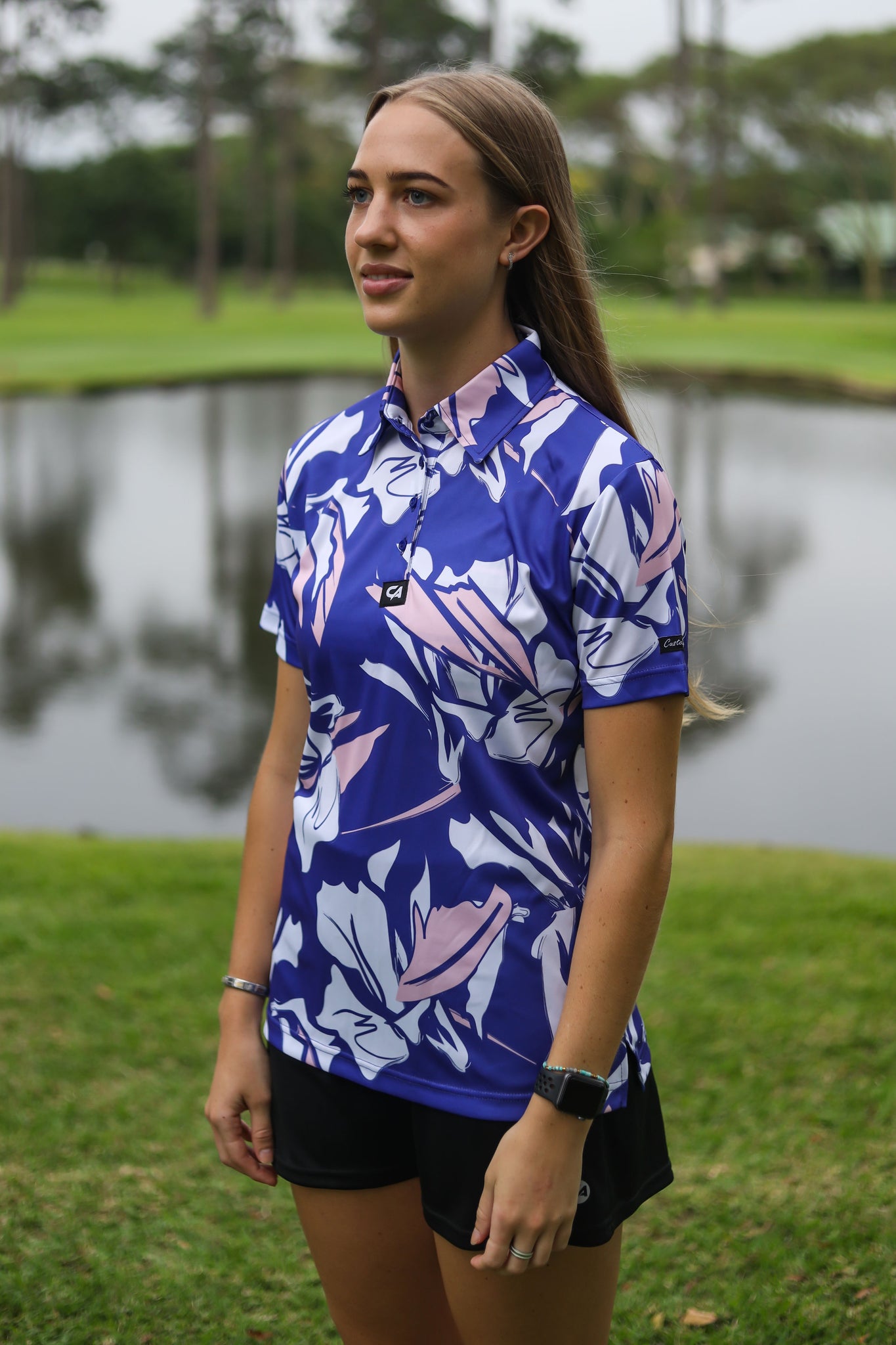 CA Ladies Funky Golf Shirt | Blue & Beige Floral