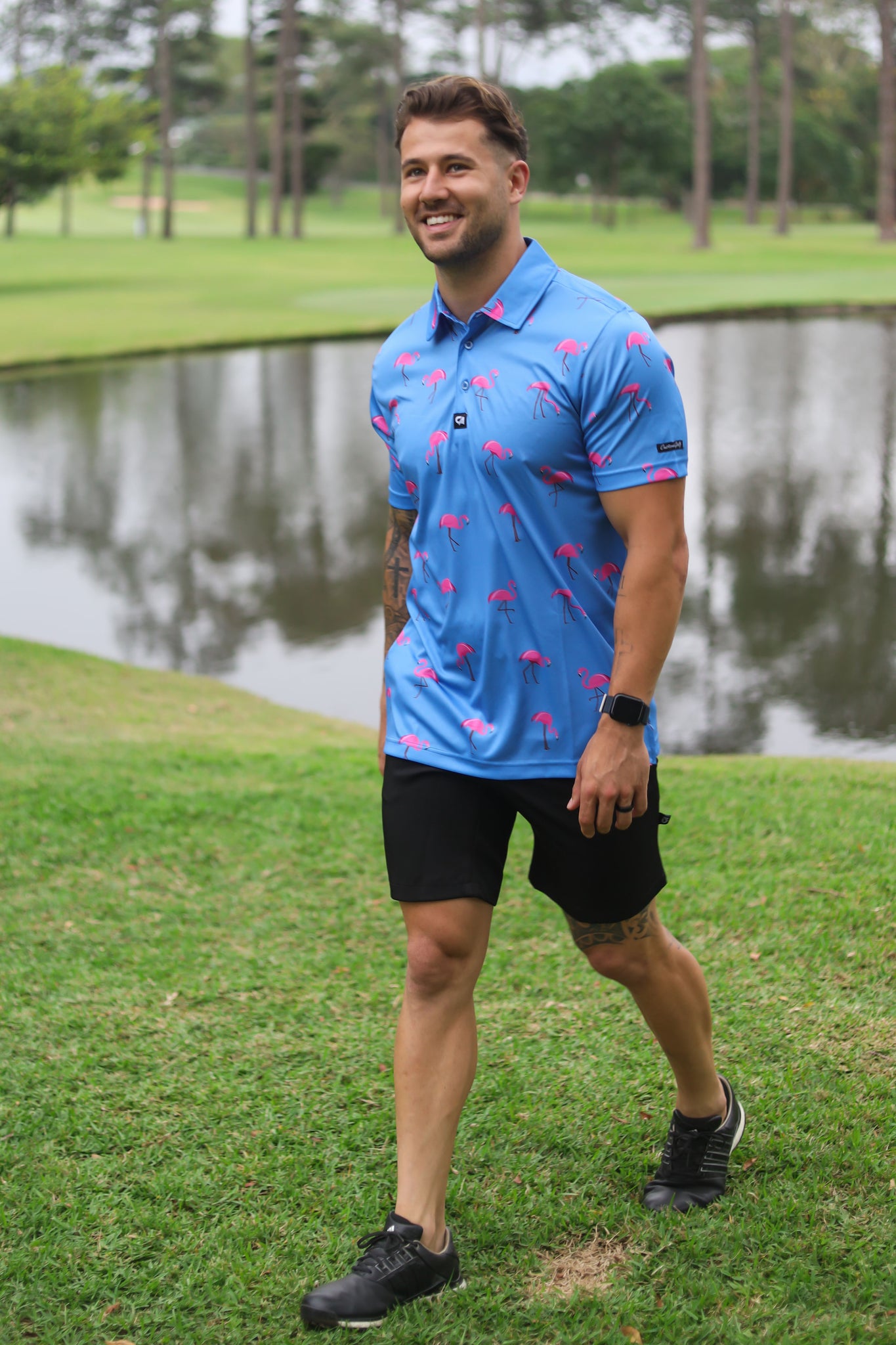 CA Funky Golf Shirt | Blue-Dotted Flamingo