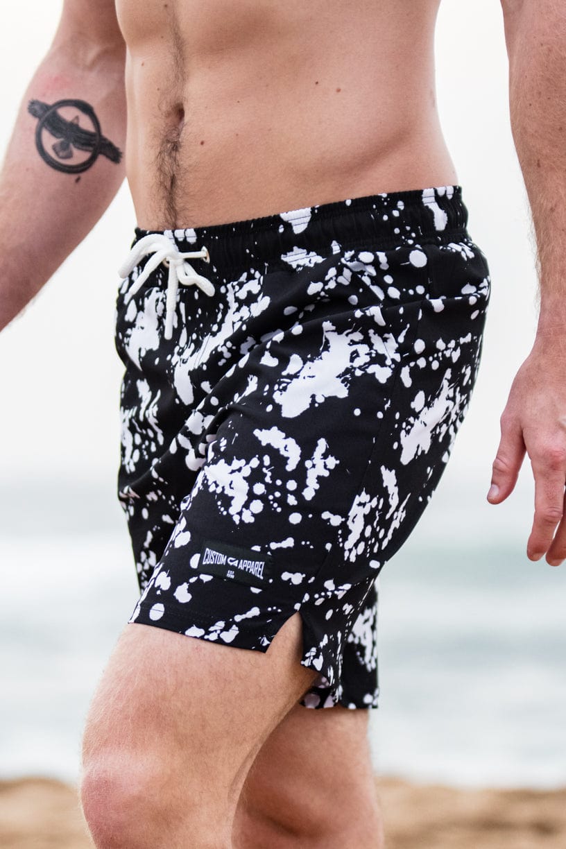 CA Hybrid Board Shorts | Black & White Paint Splatter