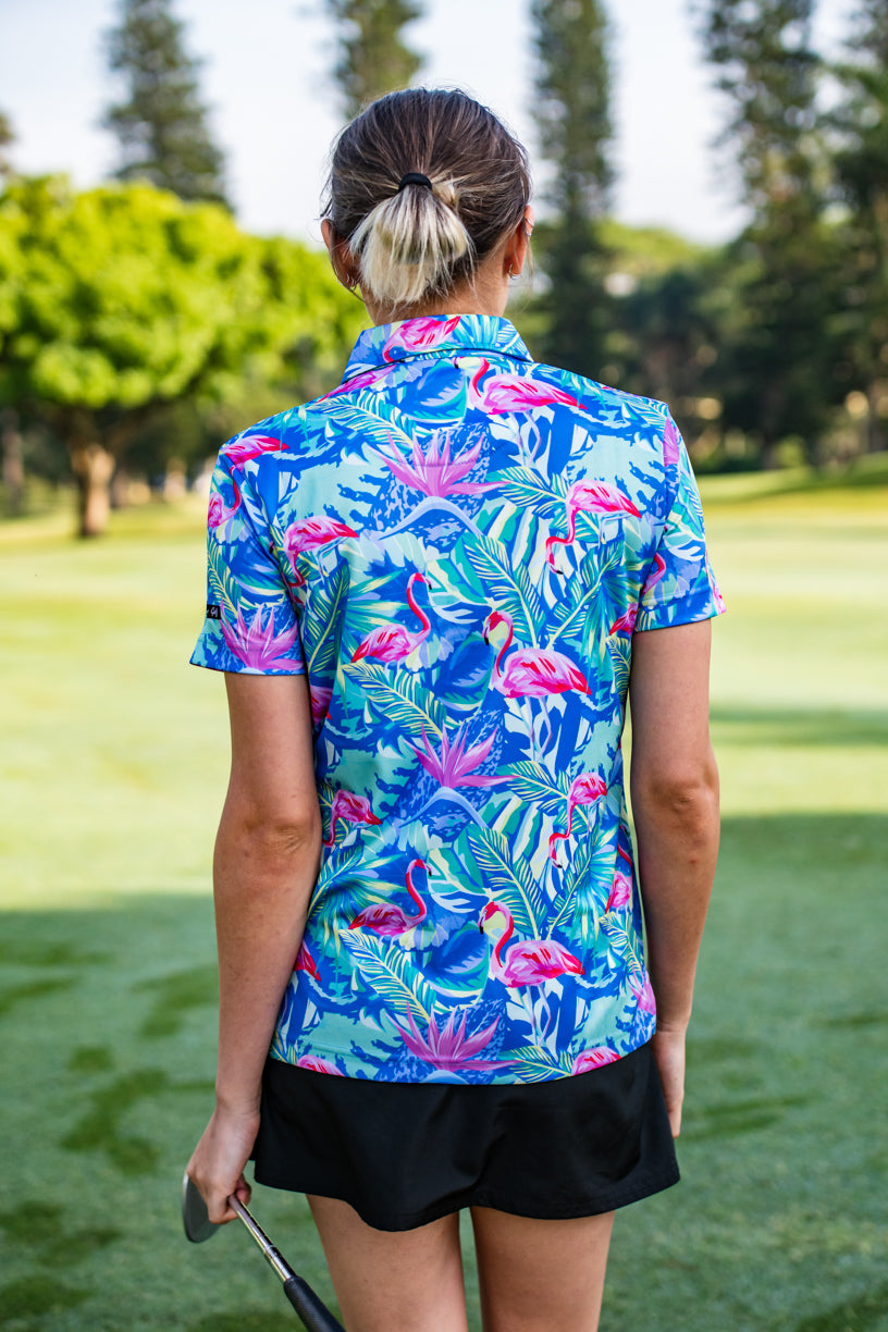 CA Ladies Funky Golf Shirt | Pastel Dazzle Flamingos