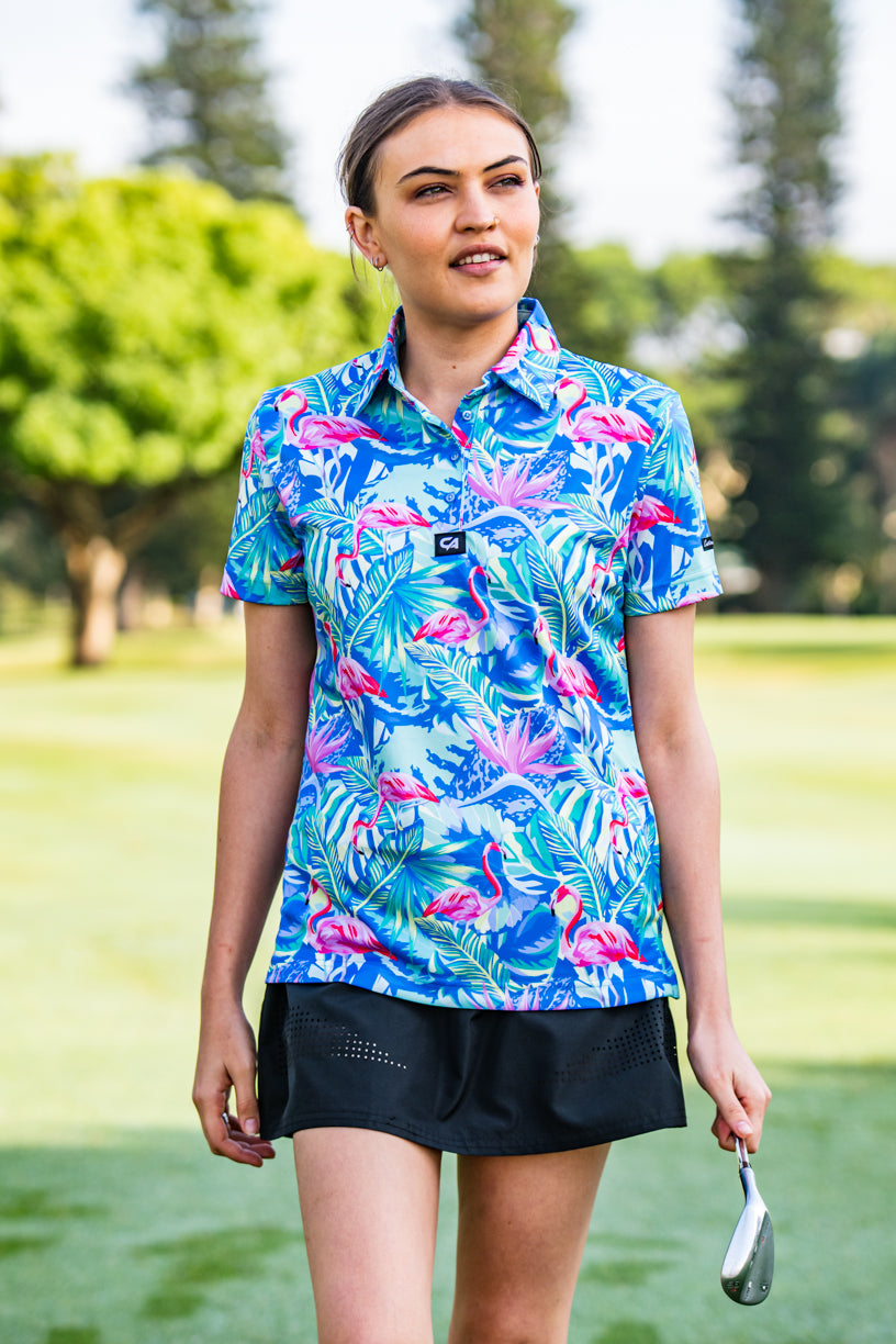 CA Ladies Funky Golf Shirt | Pastel Dazzle Flamingos