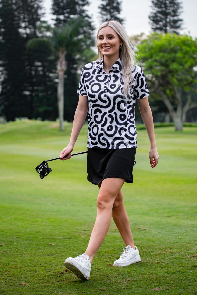 CA Ladies Funky Golf Shirt | Black & White Squiggles