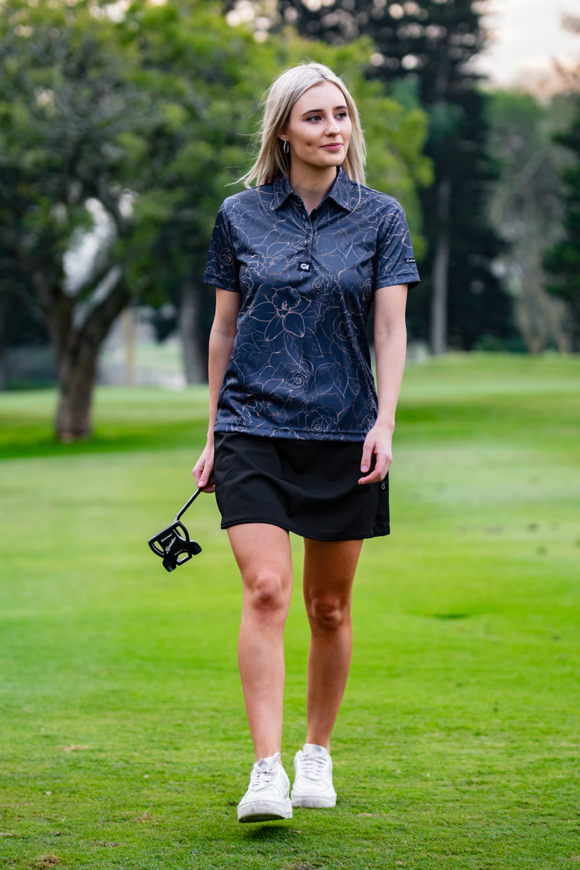 CA Ladies Funky Golf Shirt | Navy/Gold Roses