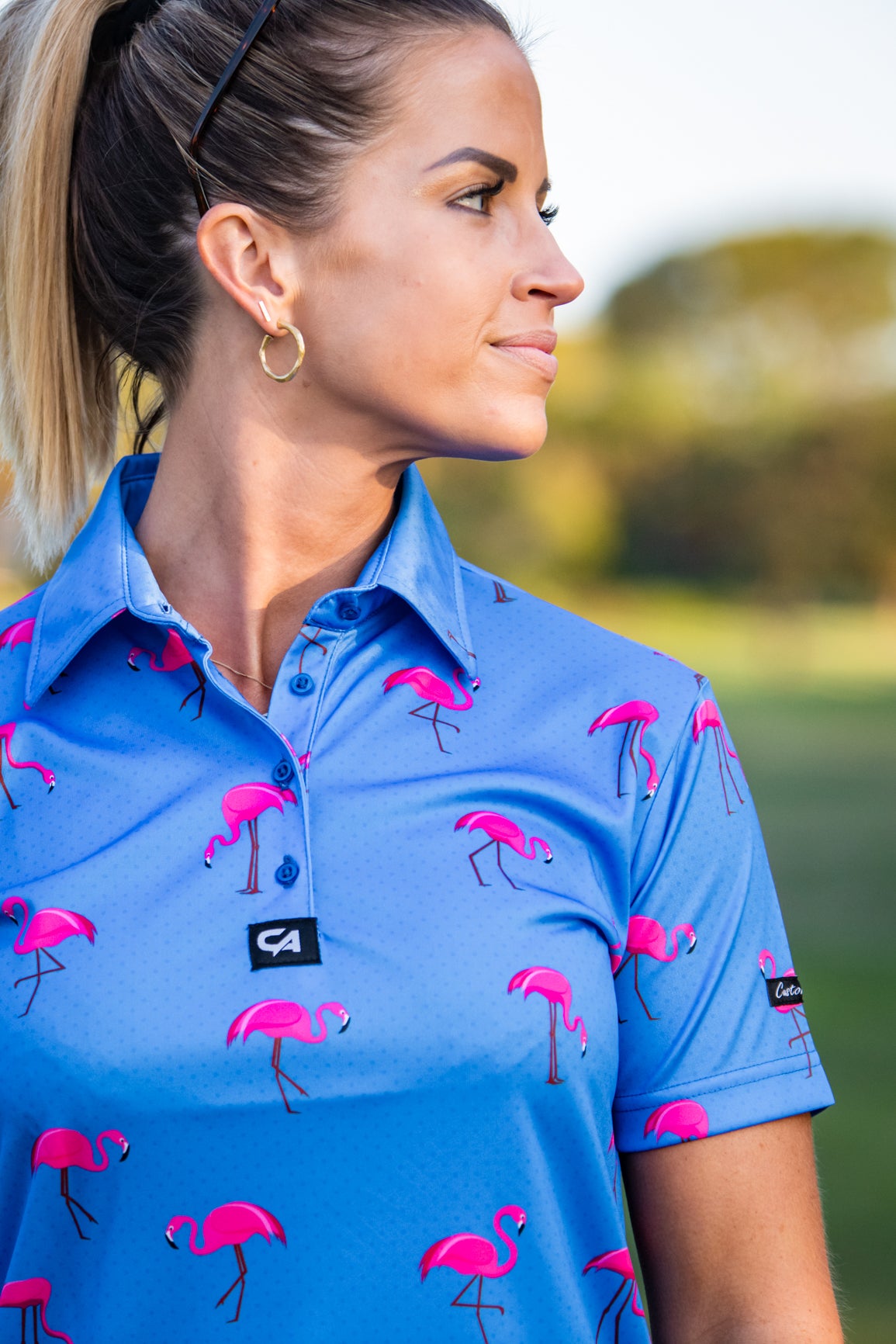 CA Ladies Funky Golf Shirt | Blue-Dotted Flamingo