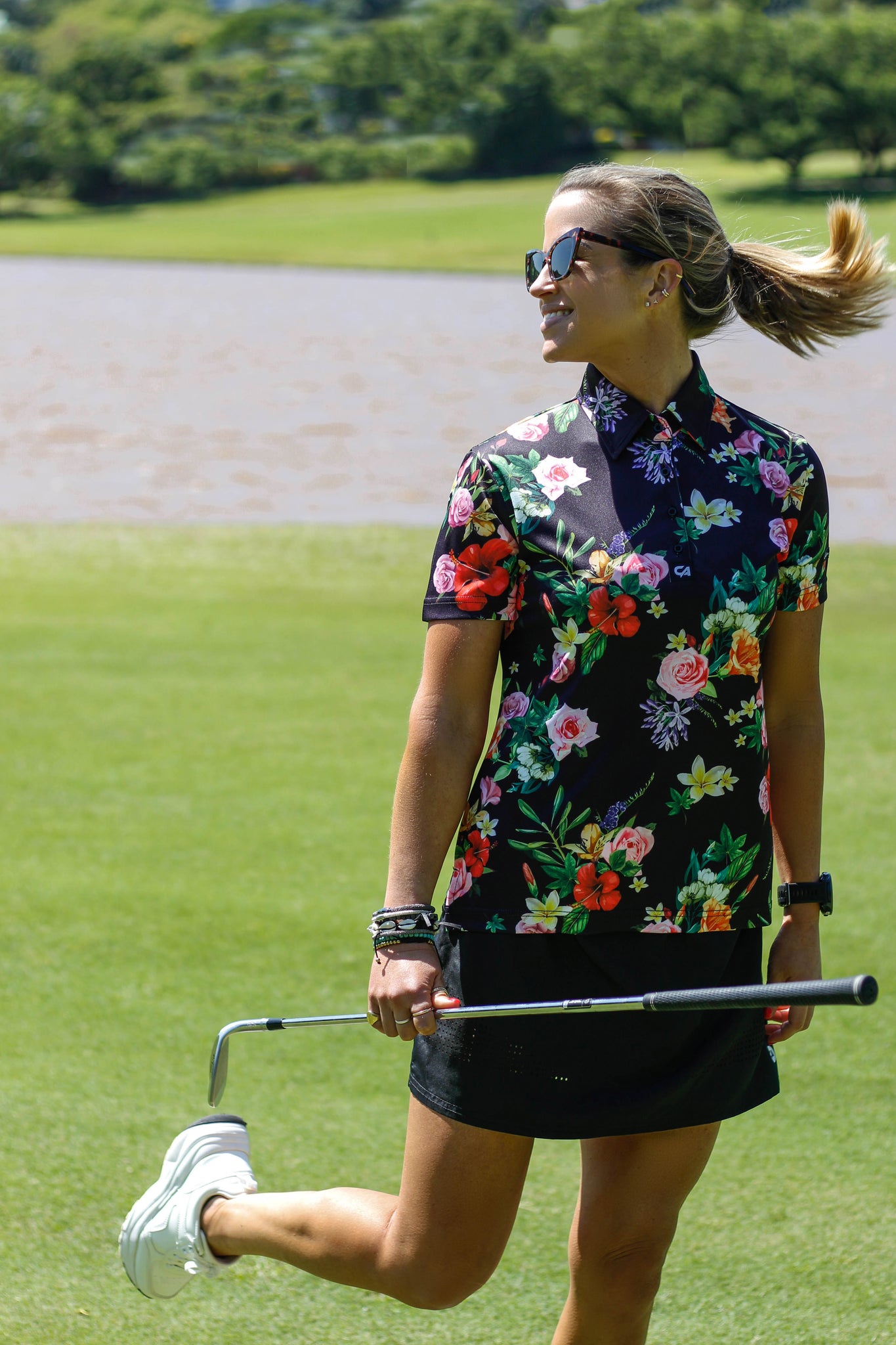 CA Ladies Funky Golf Shirt | Black Floral
